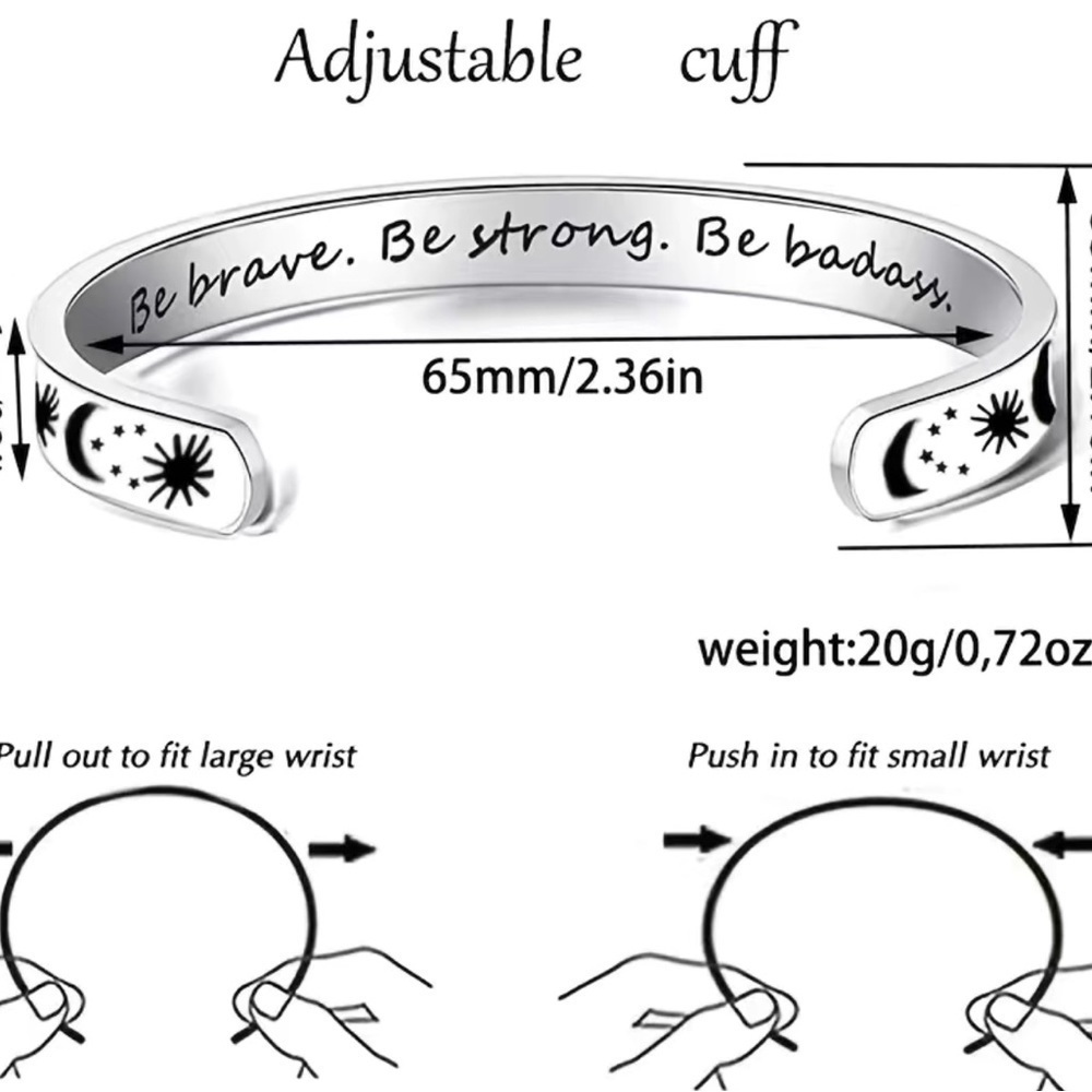 NEW Inspirational Moon & Star Be Badass Stainless Steel Adjustable Cuff Bracelet - Picture 4 of 5